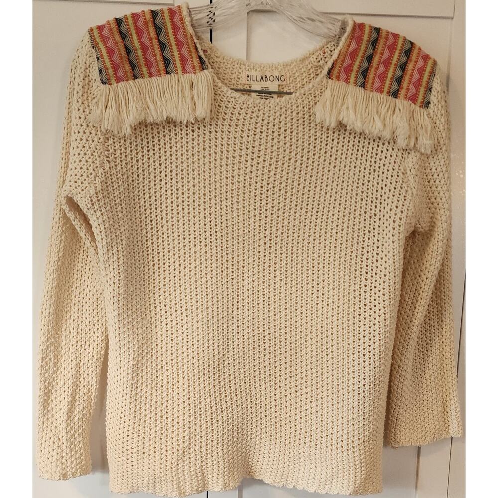 Billabong Sandy Kisses Sweater Cream Knit Sweater Tribal Fringe Size Small